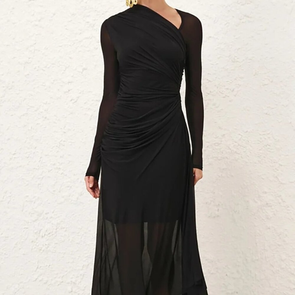 Zimmermann Asymmetrical Illustration Gathered Black Midi-Dress